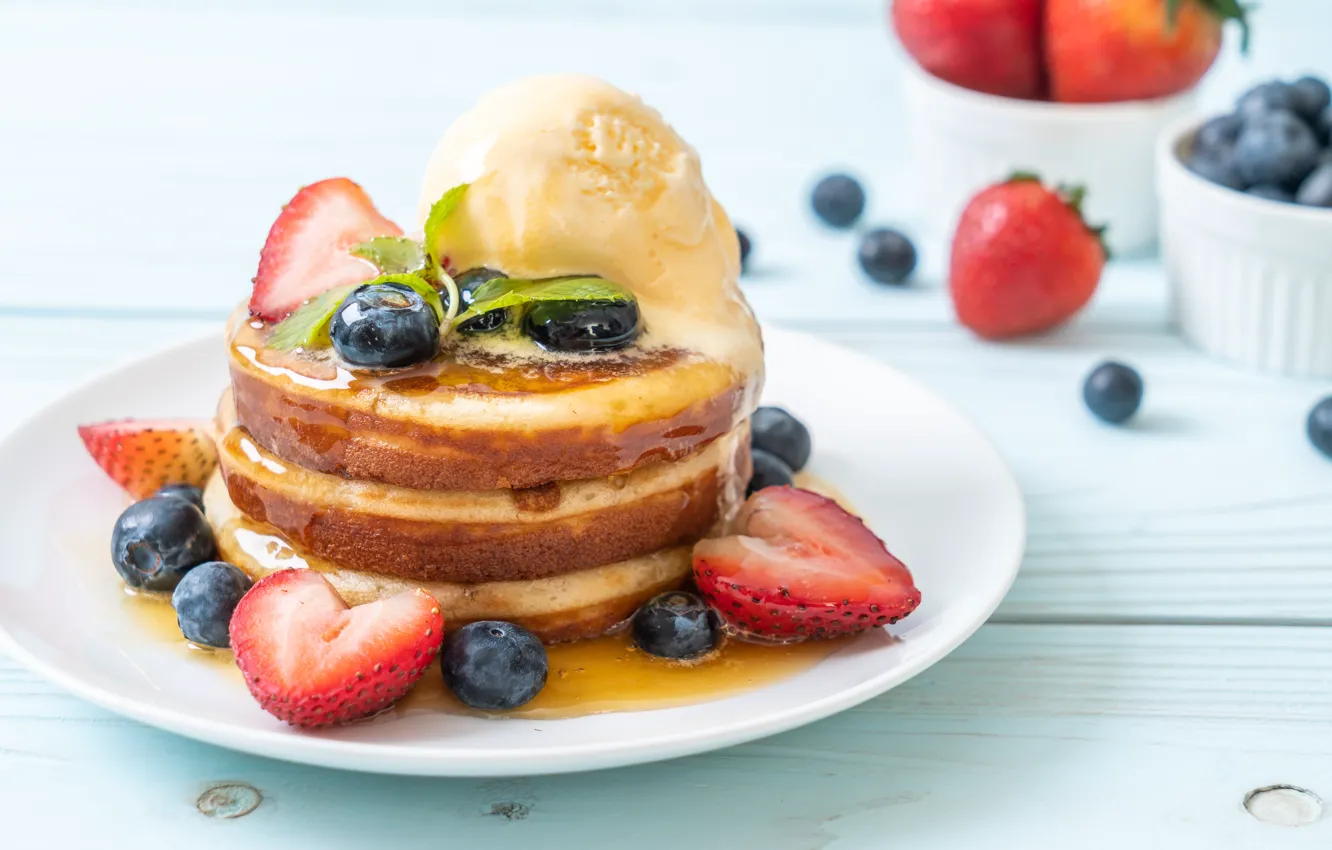 Photo wallpaper berries, blueberries, strawberry, honey, honey, pancakes, strawberry, berries