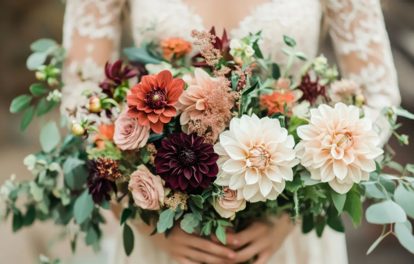 Photo wallpaper girl, flowers, bouquet, the bride, dahlias, AI art, neural network