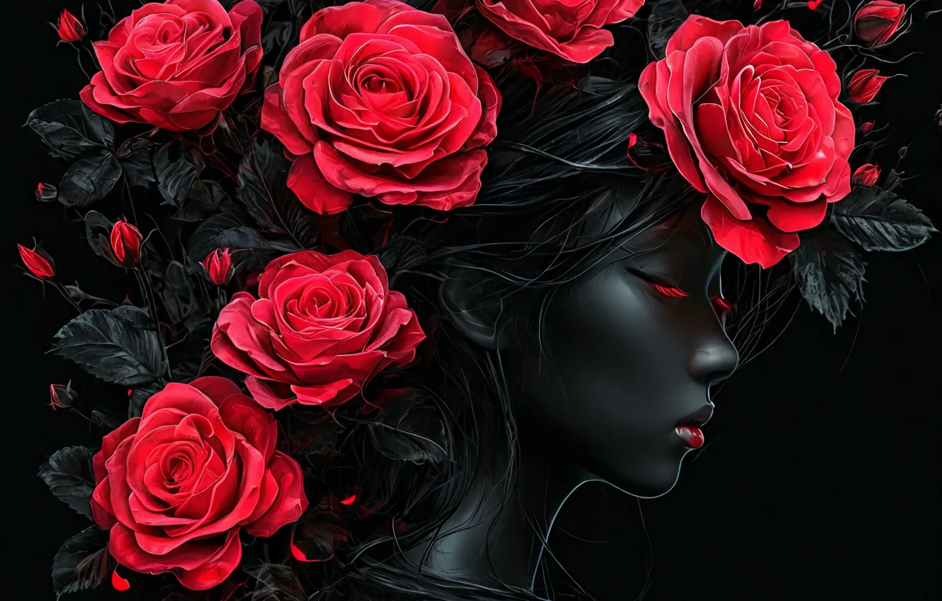 Photo wallpaper girl, black, red roses, AI ART, Masterpiece