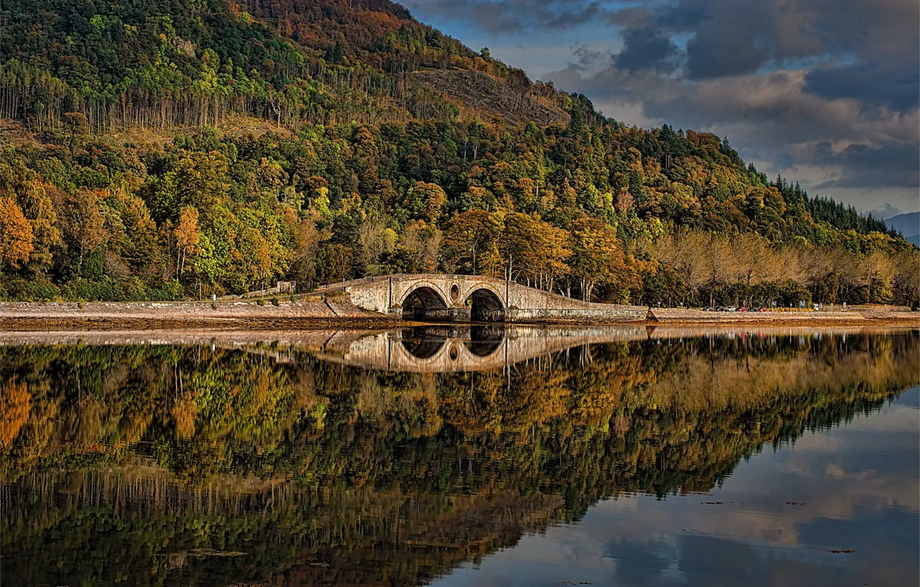 Photo wallpaper autumn, forest, trees, bridge, lake, reflection, Scotland, Scotland