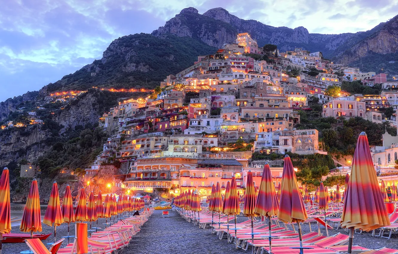 Photo wallpaper beach, lights, umbrella, home, the evening, Italy, sunbeds, Positano
