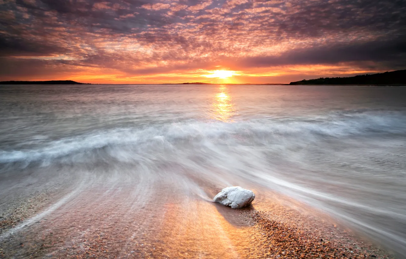 Photo wallpaper sea, wave, the sky, water, the sun, sunset, stones, shore