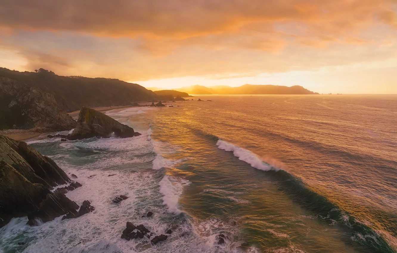 Photo wallpaper sea, wave, the sky, light, sunset, rocks, dawn, shore