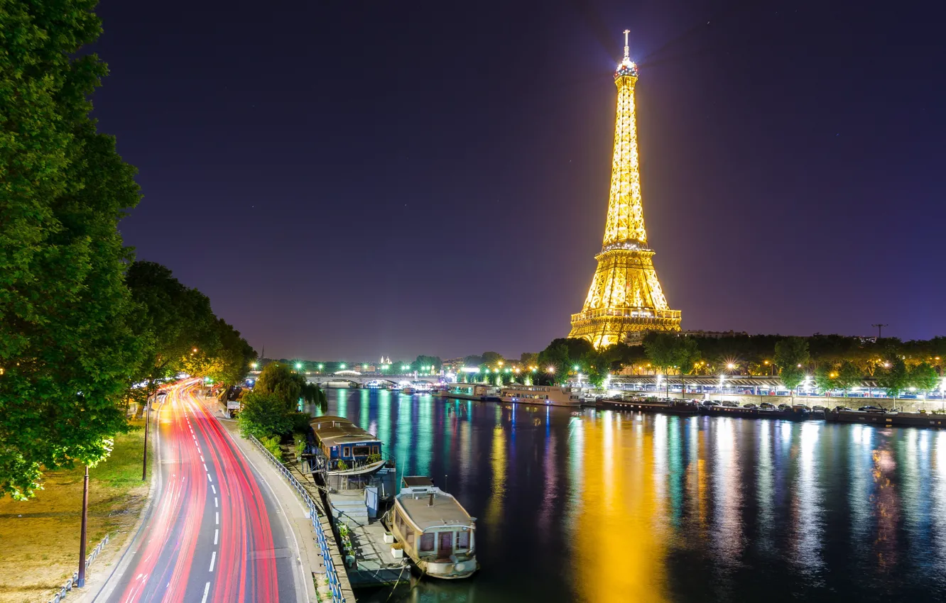 Photo wallpaper lights, river, France, Paris, hay, Eiffel tower