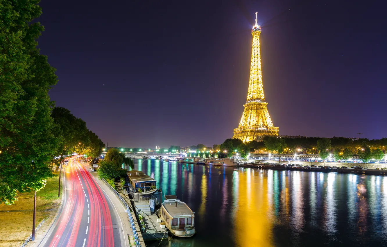 Photo wallpaper lights, river, France, Paris, Hay, Eiffel tower