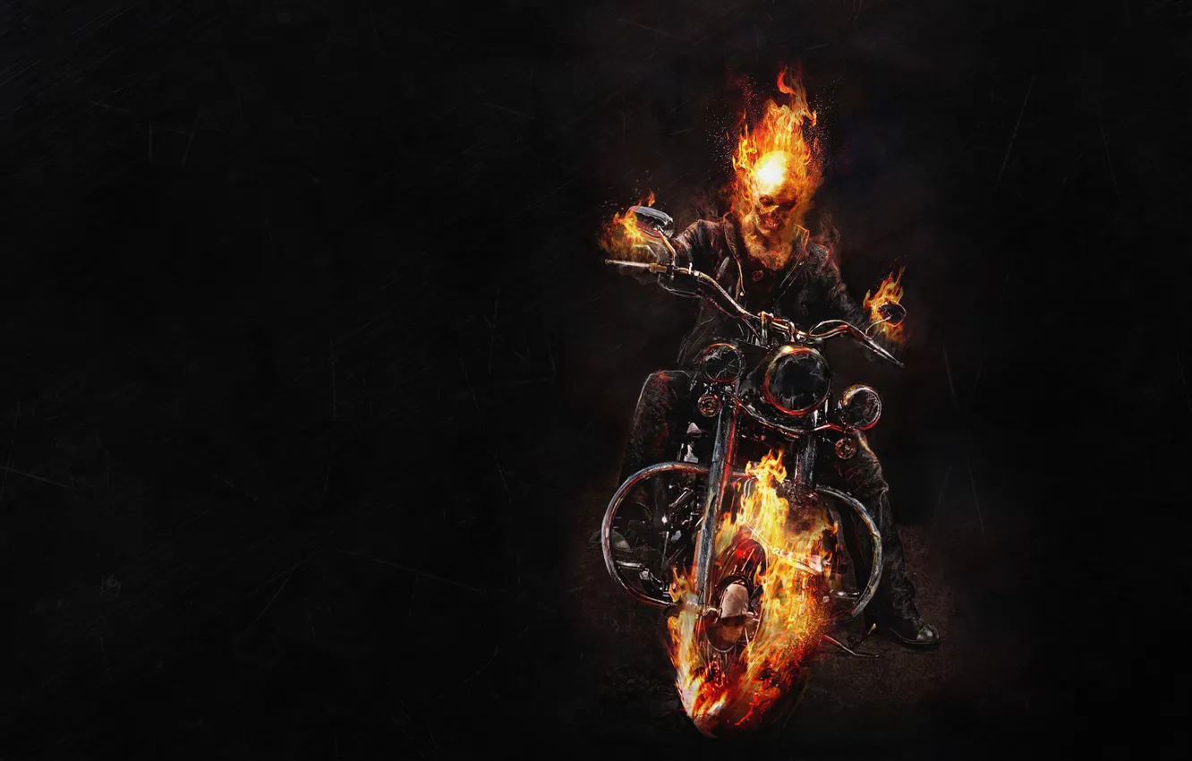 Photo wallpaper the dark background, fire, skeleton, motorcycle, Ghost Rider, Ghost rider, bike