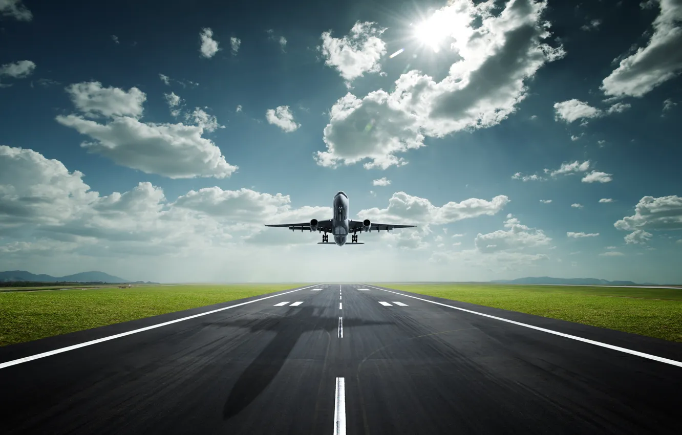 Photo wallpaper The sun, The sky, The plane, Airport, Shadow, Track