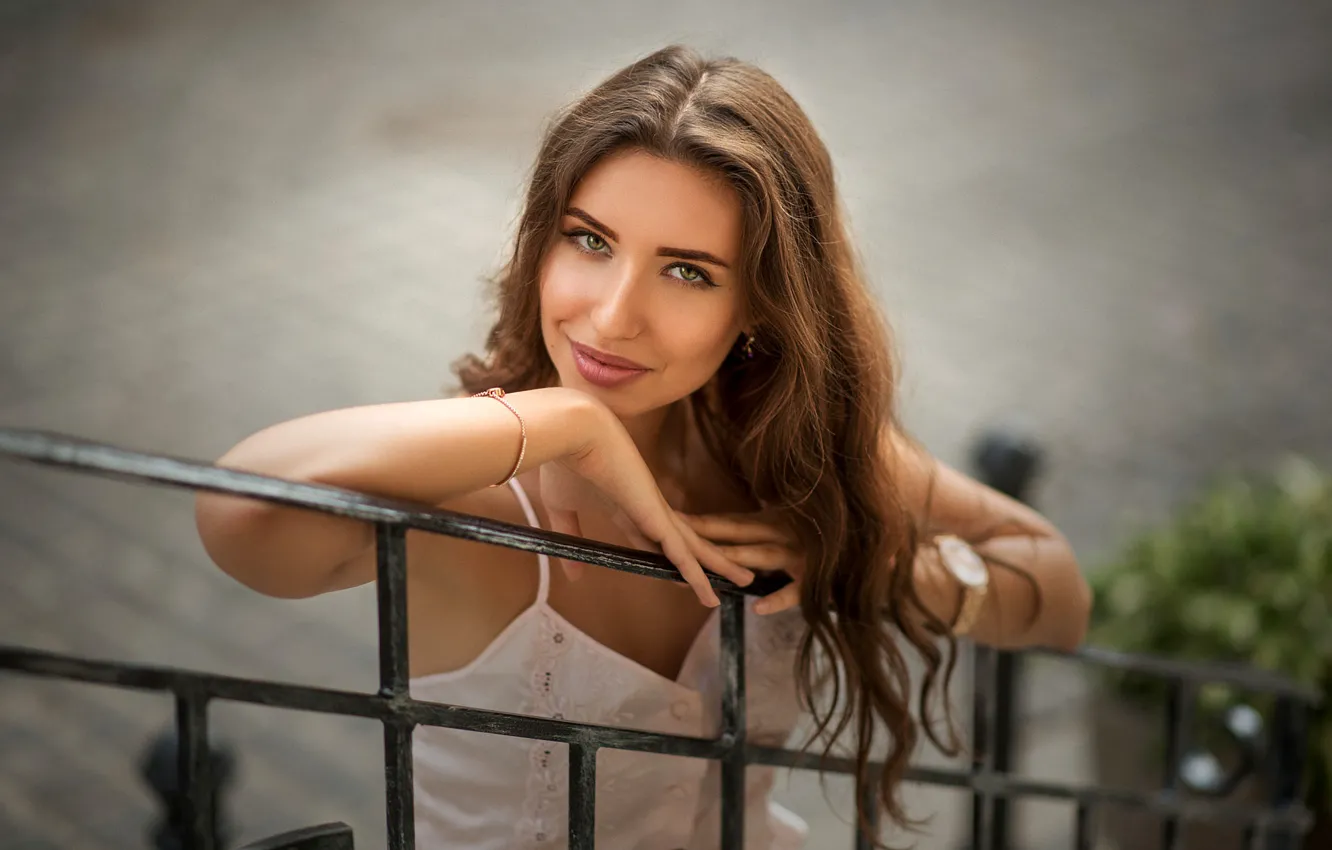 Photo wallpaper look, pose, smile, portrait, makeup, hairstyle, railings, brown hair