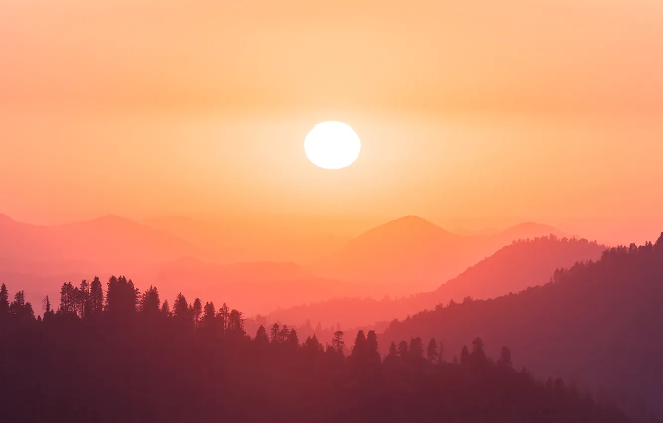 Photo wallpaper fireball, twilight, sunset, mountains, sun, dusk