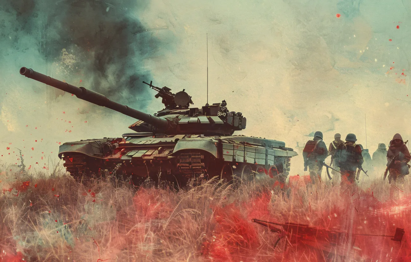 Photo wallpaper grass, retro, smoke, soldiers, tank, digital art, AI art, The Art of Artificial Intelligence