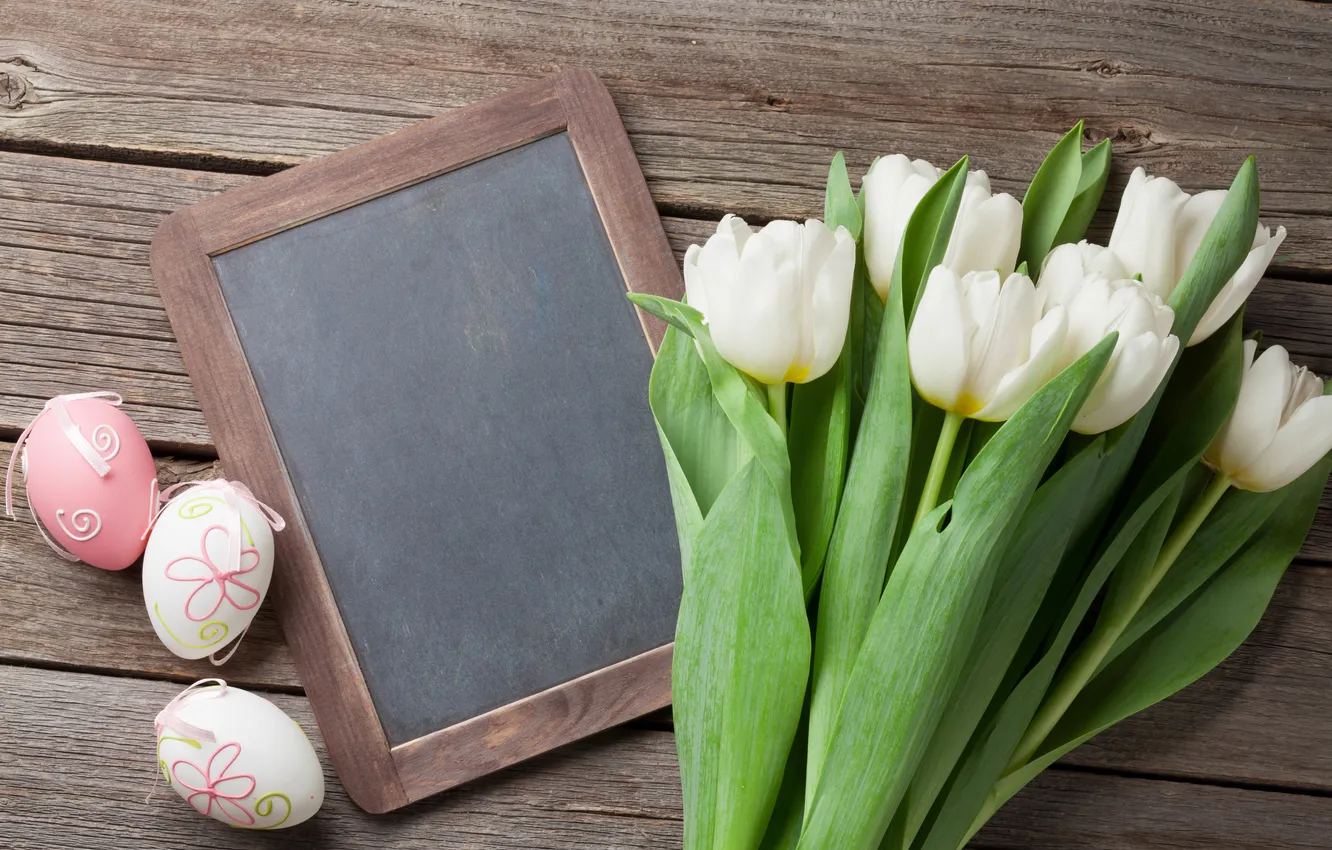 Photo wallpaper flowers, Board, eggs, spring, colorful, Easter, white, wood