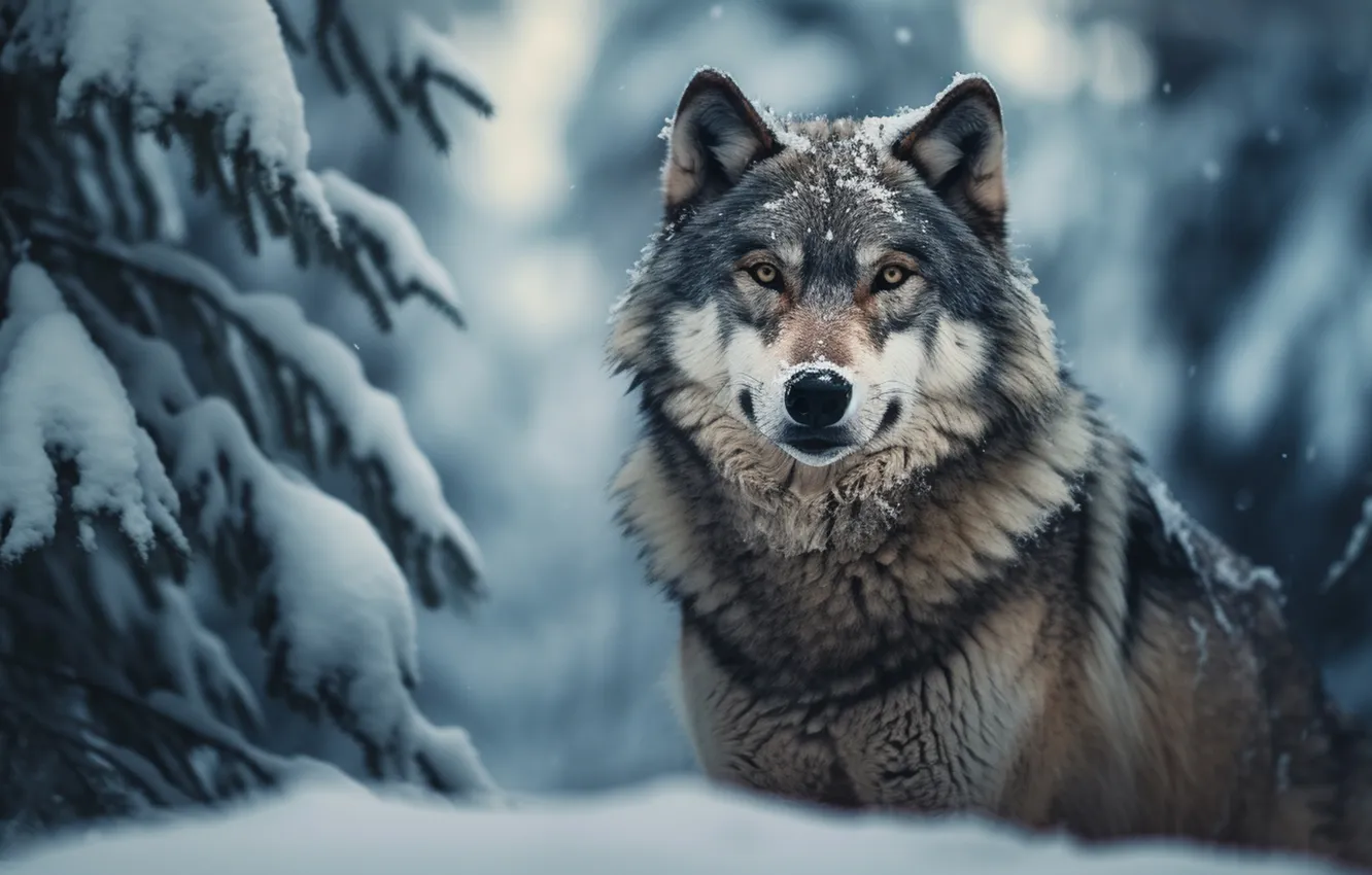 Photo wallpaper winter, look, face, snow, trees, wolf, predator, digital art