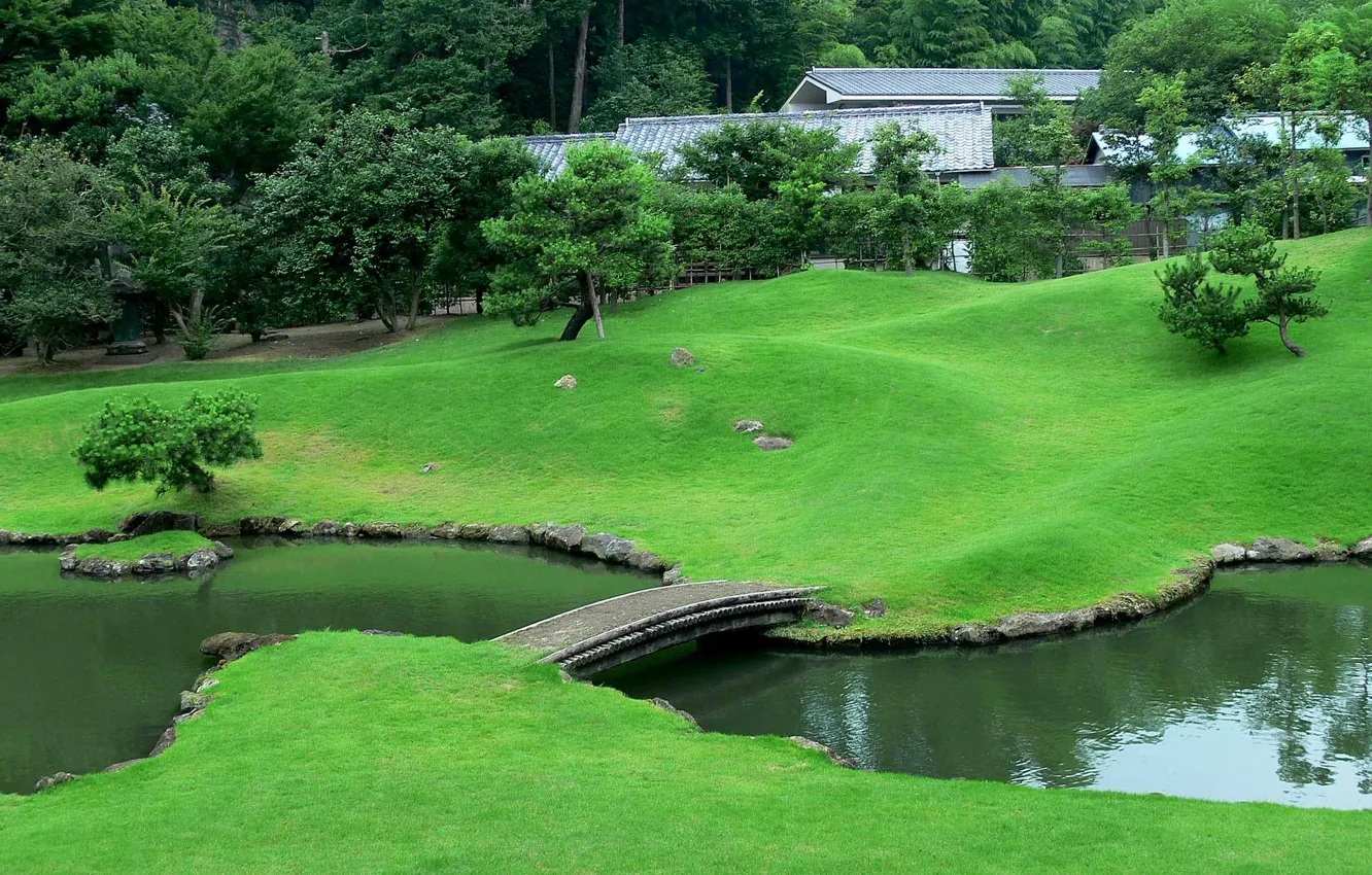 Photo wallpaper bridge, stream, Japan, garden, lawn