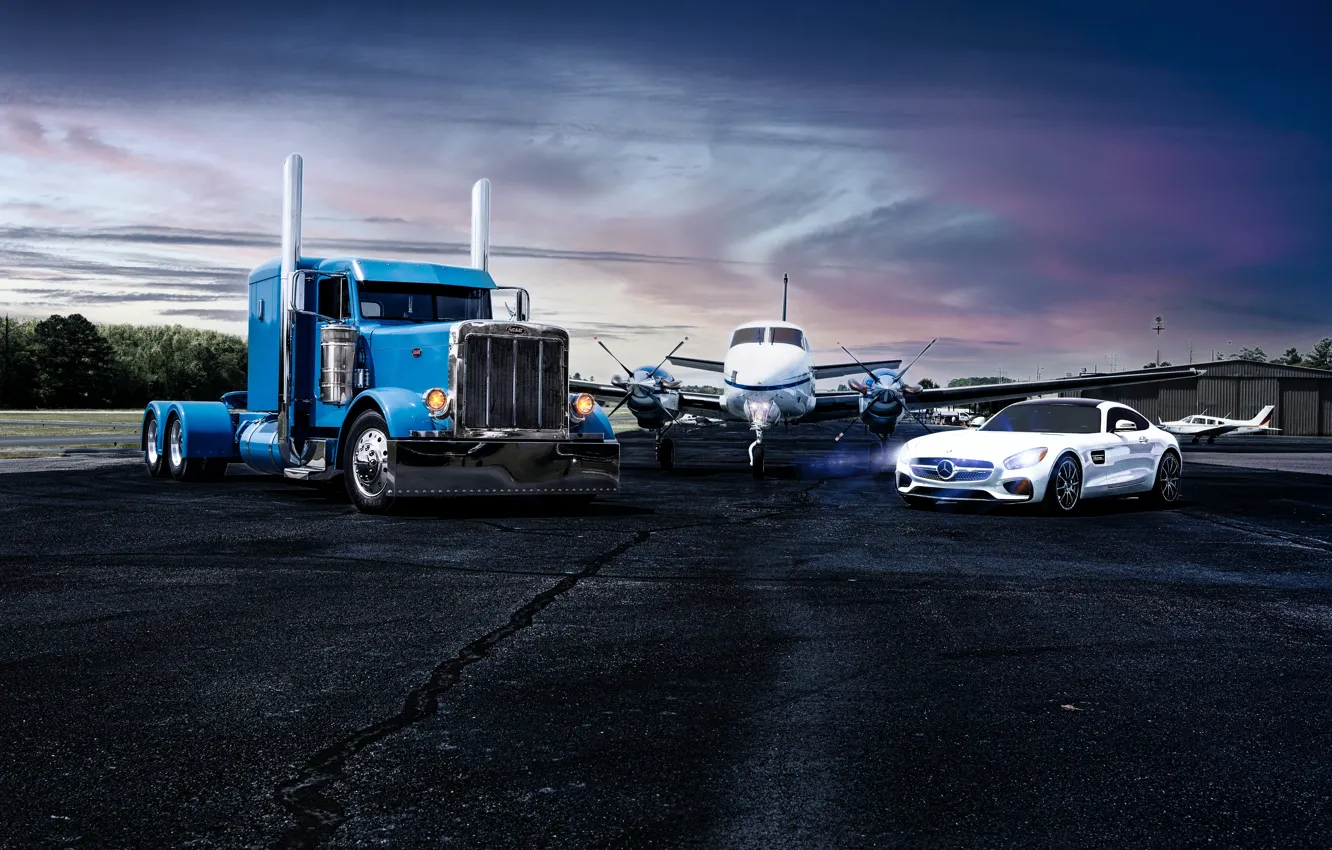 Photo wallpaper car, Mercedes Benz, sky, style, clouds, truck, plane, luxury