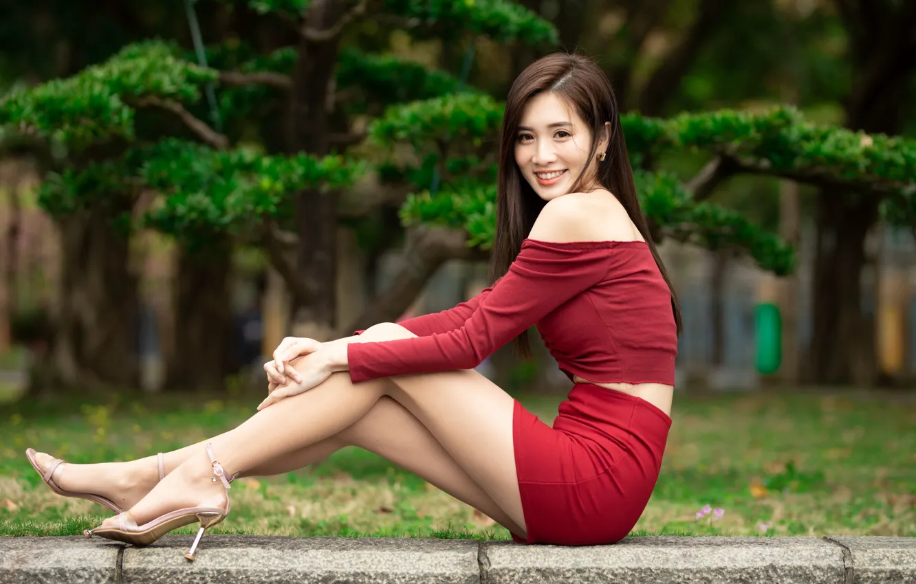 Photo wallpaper smile, feet, dress, blouse, Asian, sitting