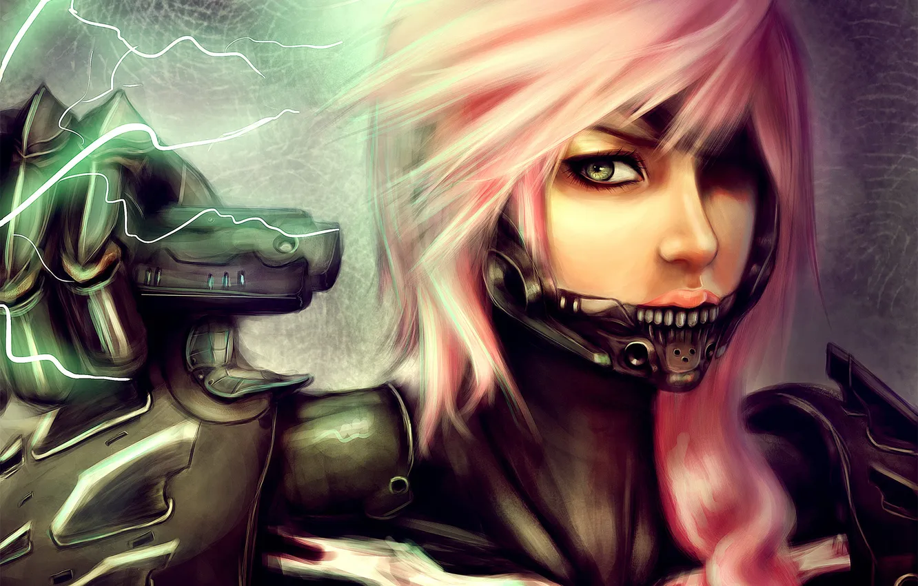 Photo wallpaper girl, metal, lightning, art, Final Fantasy, pink hair, Lightning Farron