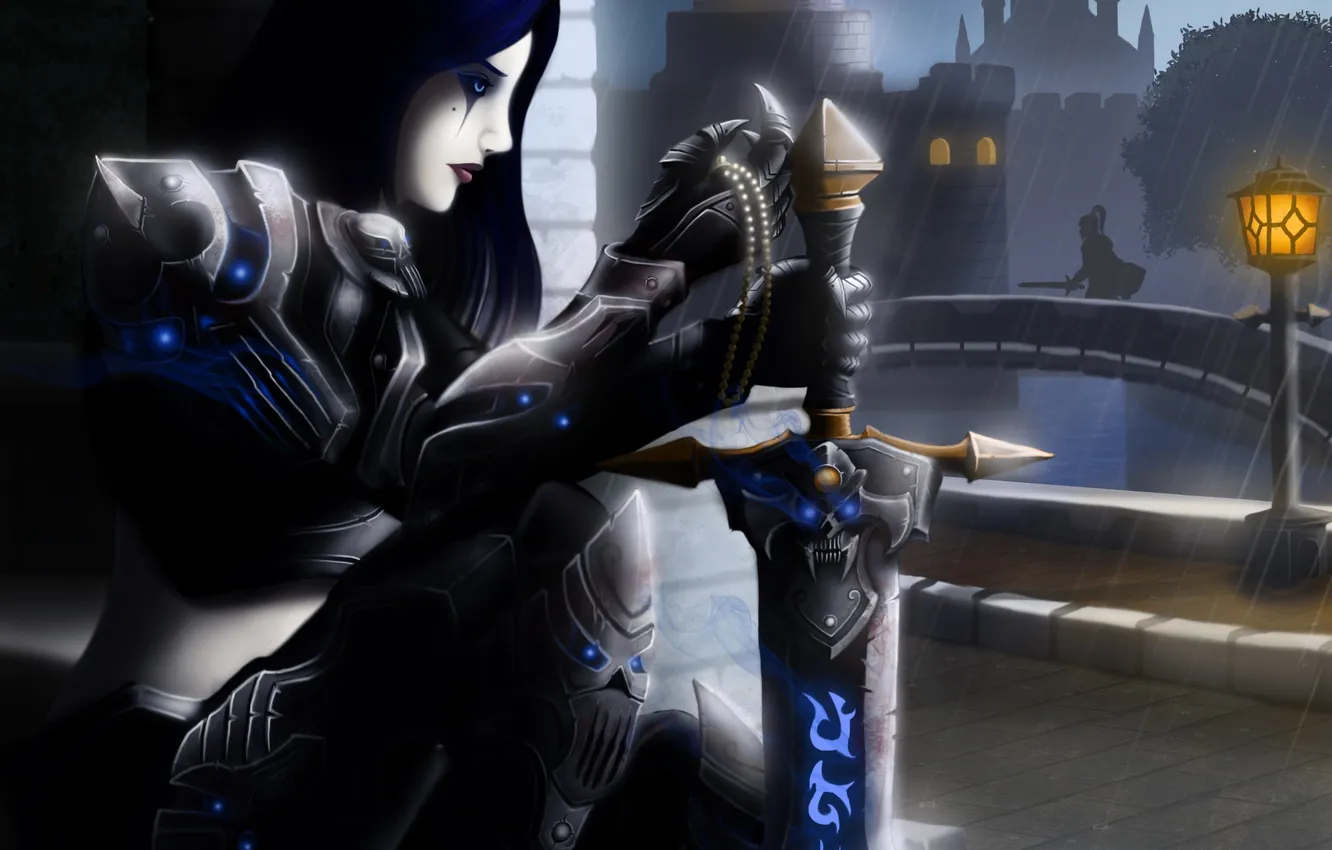 Photo wallpaper girl, the city, rain, sword, art, symbol, beads