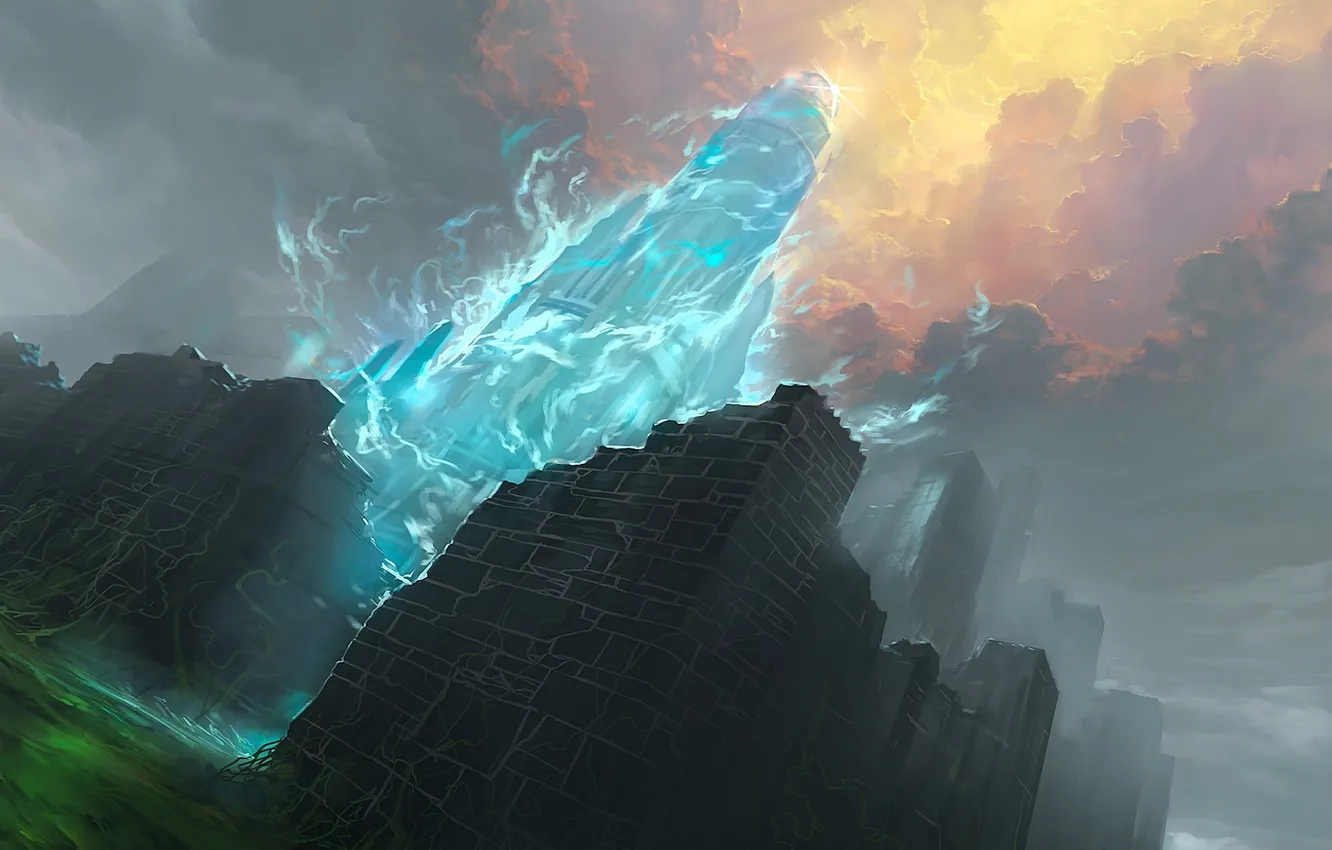 Photo wallpaper clouds, thickets, magic, tower, art, ruins, Ghost