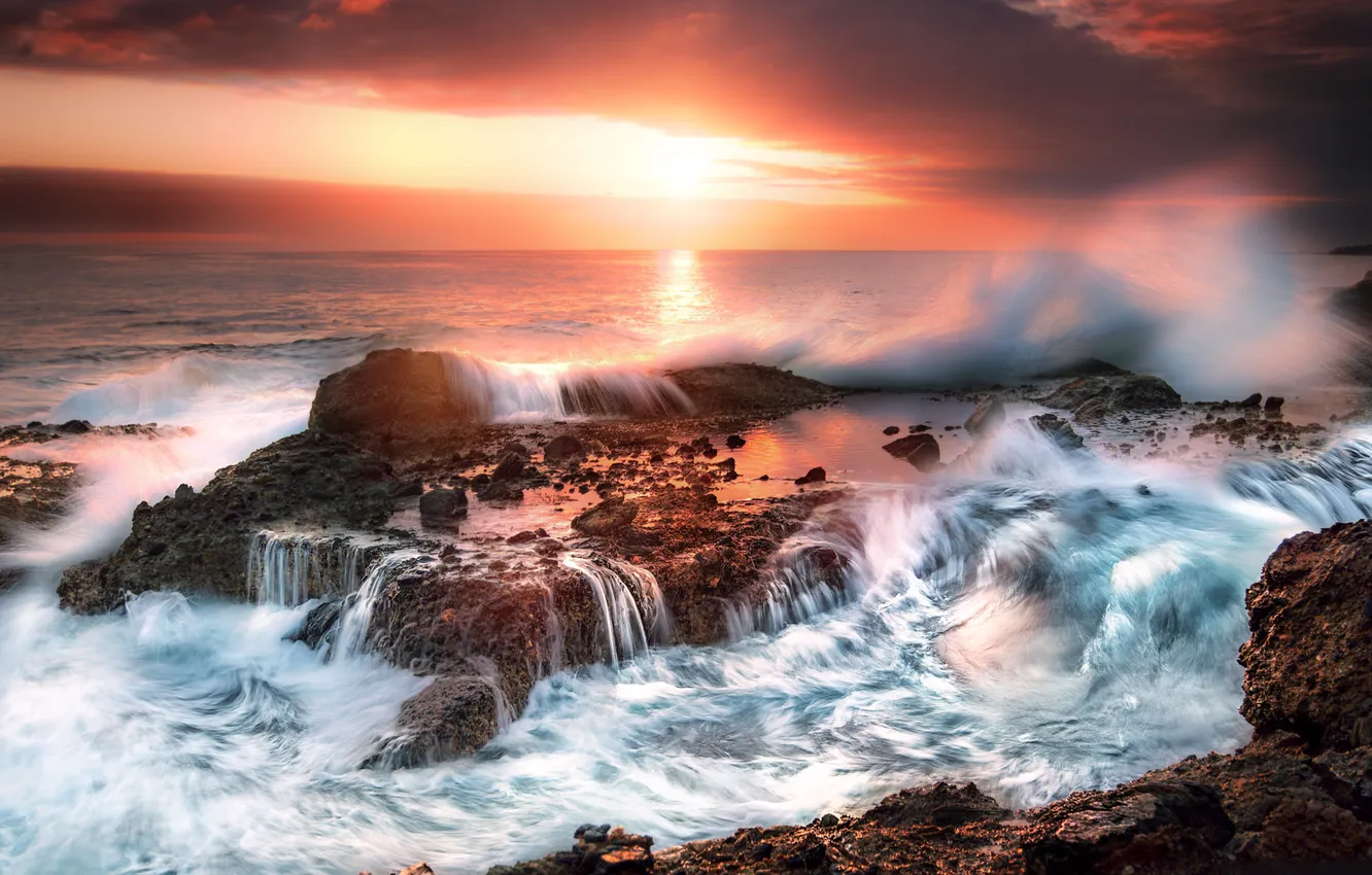 Photo wallpaper sea, the sky, clouds, sunset, nature, rocks, California