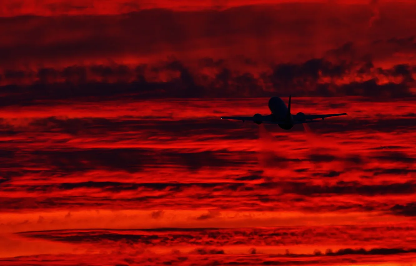 Photo wallpaper the sky, clouds, sunset, silhouette, the plane