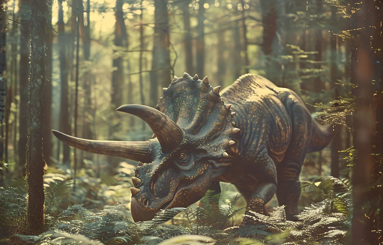 Photo wallpaper trees, animal, dinosaur, horns, Triceratops, digital art, Triceratops, Ancient animals