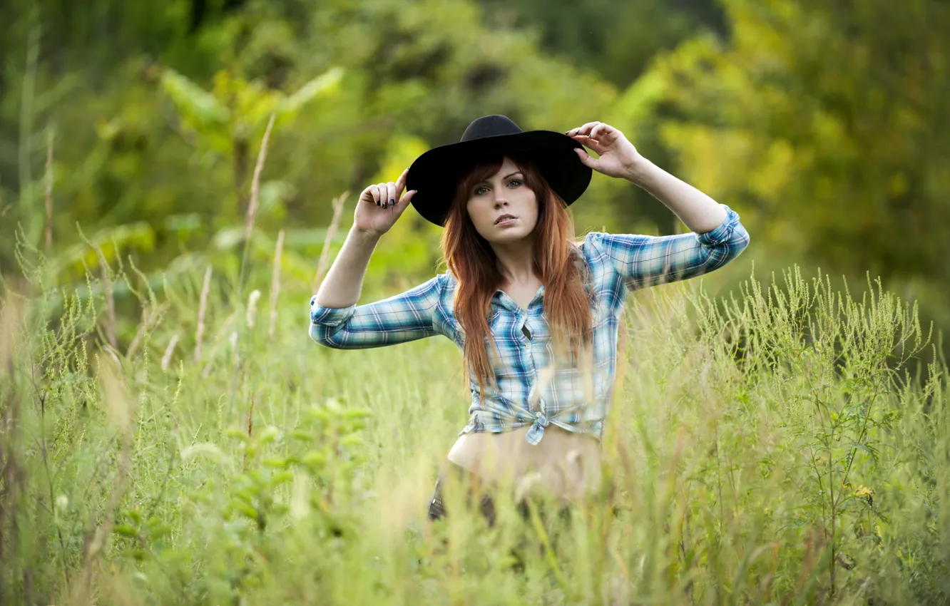 Photo wallpaper field, grass, look, girl, hat, redhead