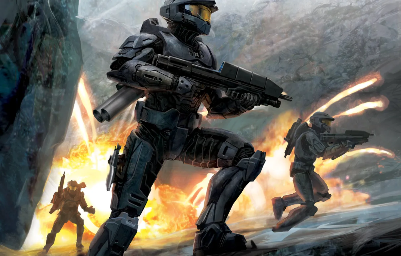 Photo wallpaper fire, soldiers, armor, halo 3, storm