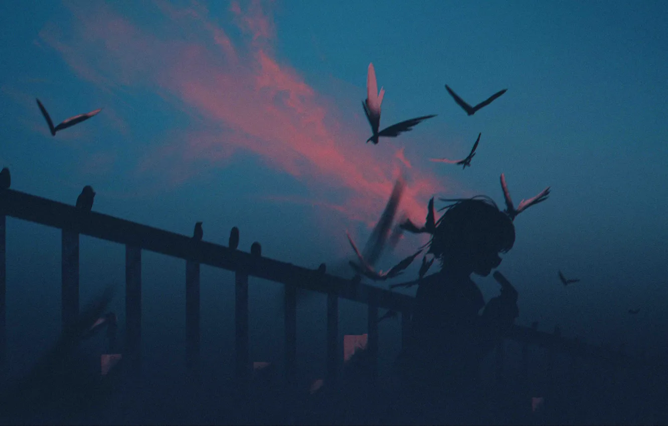 Photo wallpaper the sky, girl, gun, bird, twilight