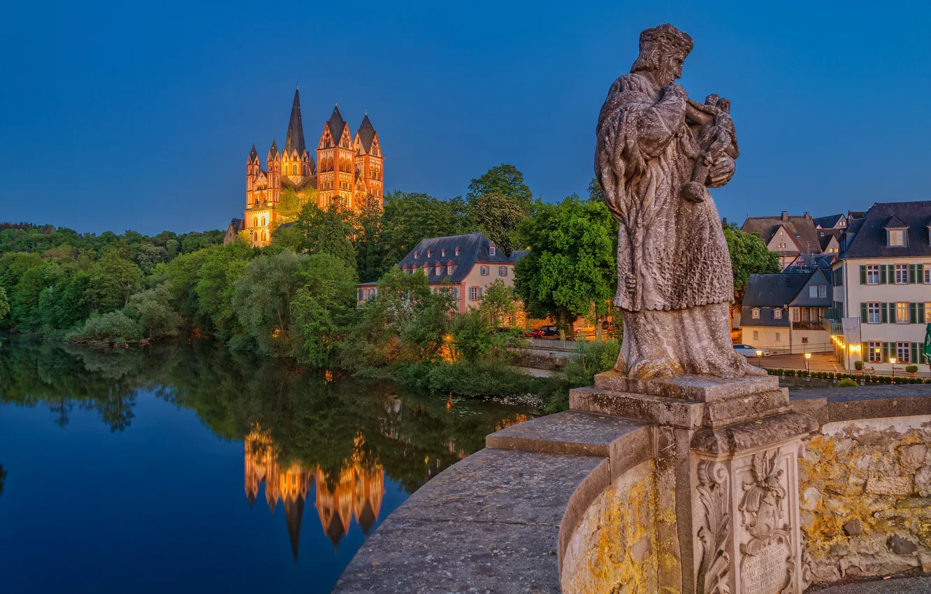 Photo wallpaper bridge, reflection, river, home, Germany, Cathedral, statue, Germany