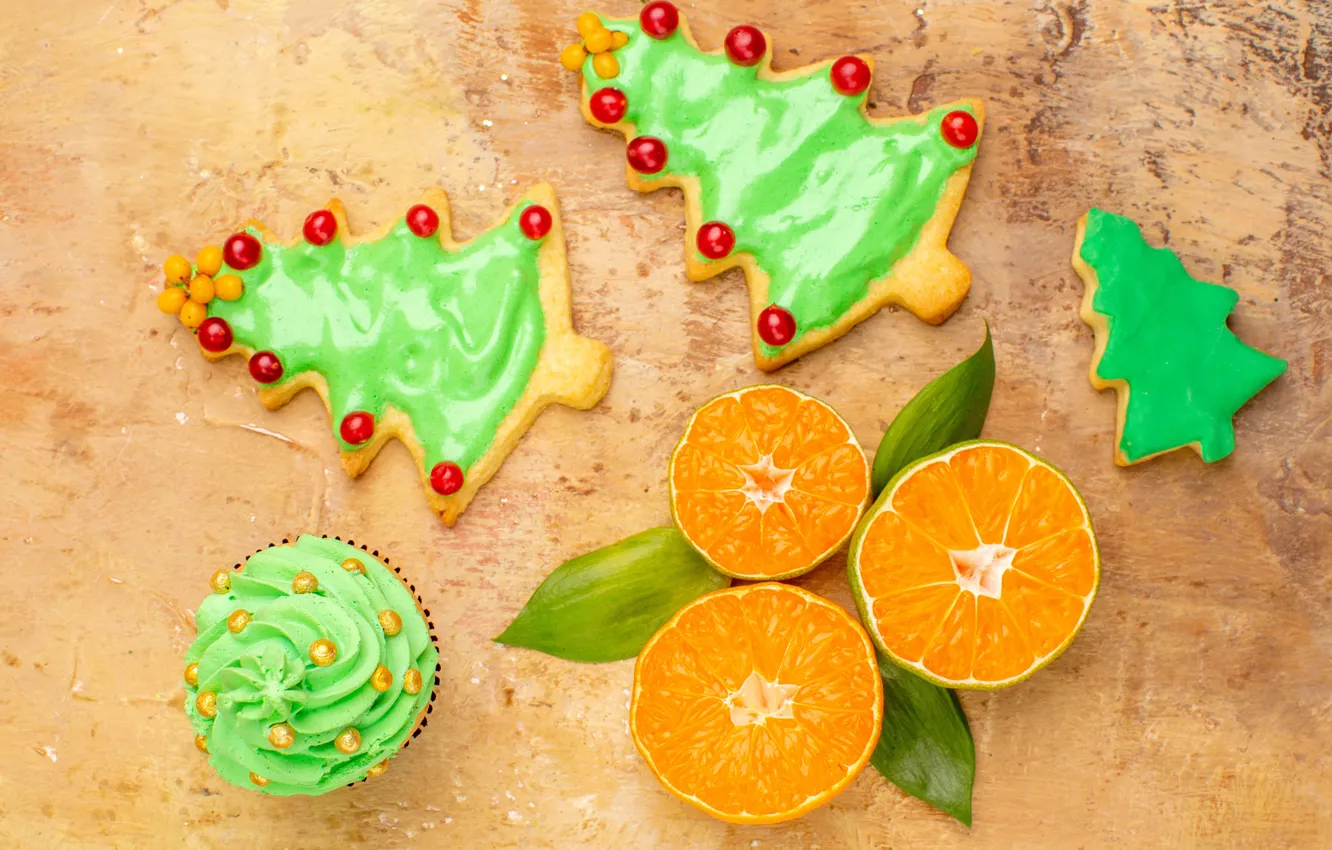 Photo wallpaper leaves, decoration, new year, cookies, Christmas, lime, citrus, cake