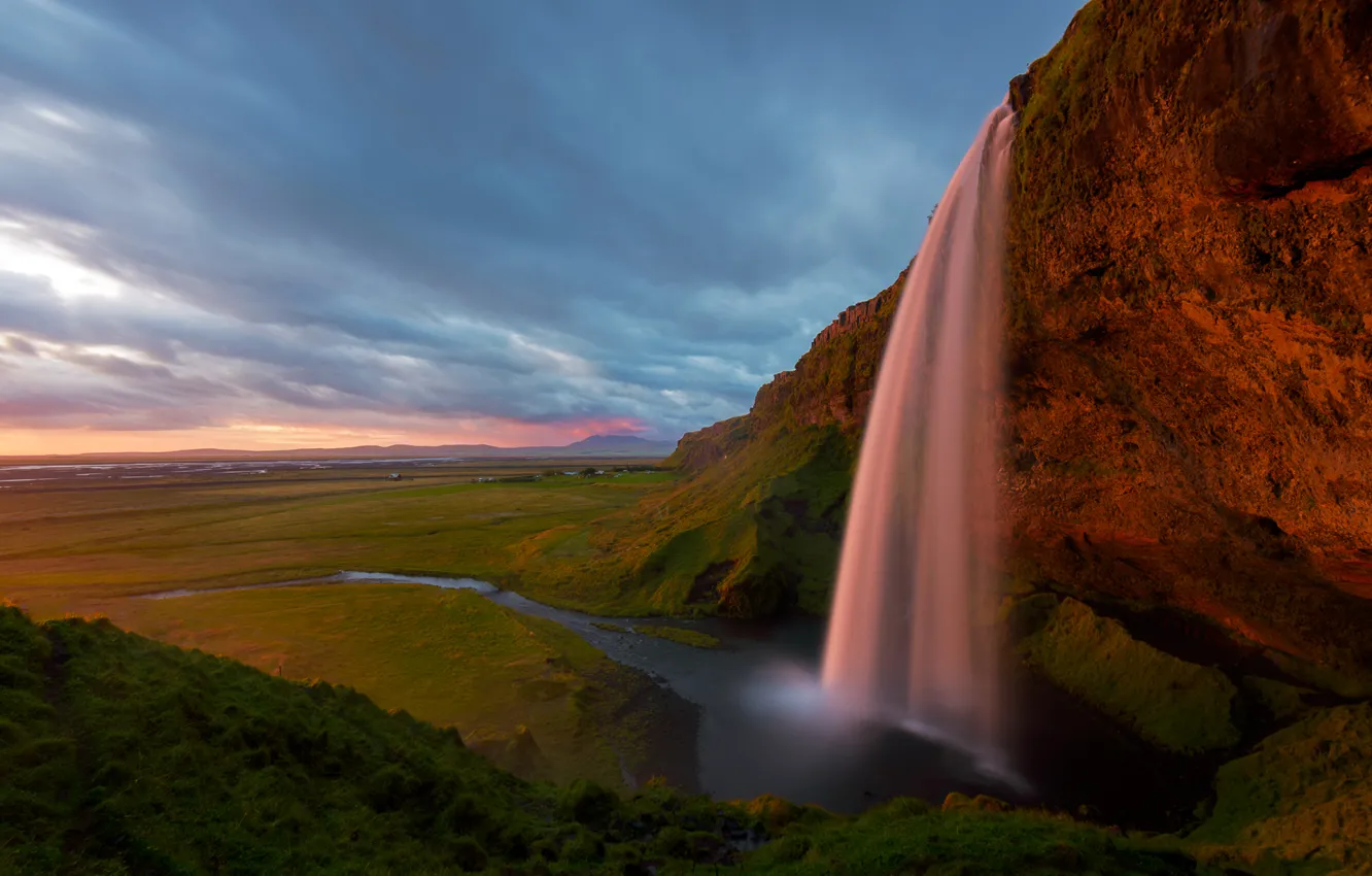 Photo wallpaper the sky, grass, clouds, mountains, rocks, waterfall, stream