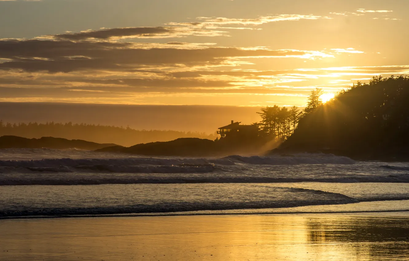 Photo wallpaper sea, night, wave, shore, light
