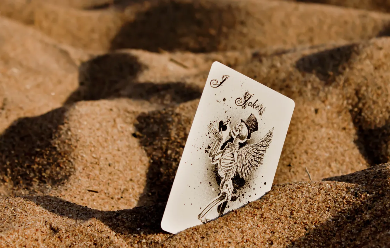 Photo wallpaper sand, macro, Joker, map, wings, skeleton