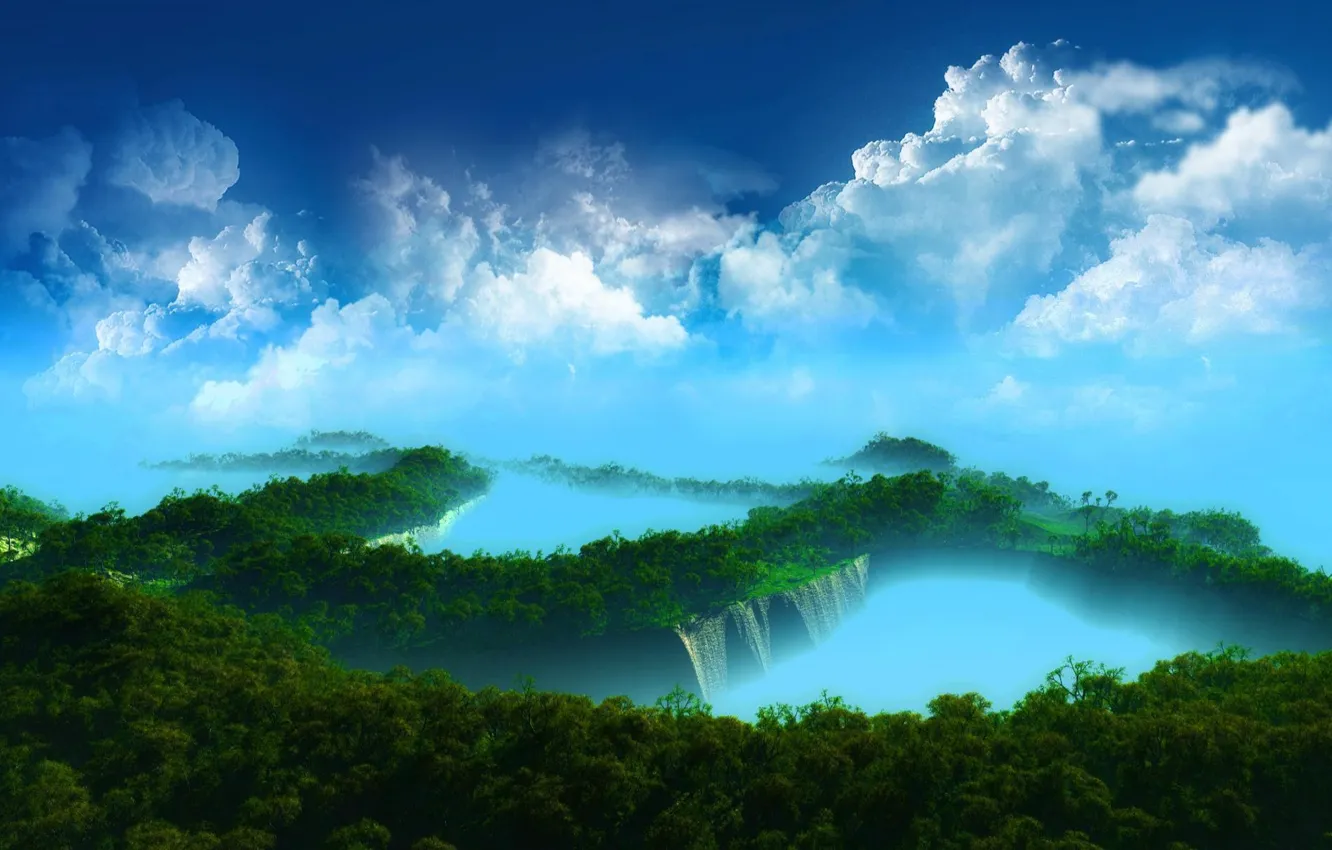 Photo wallpaper Greens, The sky, Water, Nature, Clouds, Forest, Jungle, Exotic