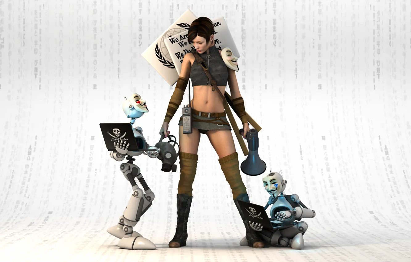 Photo wallpaper look, girl, rendering, robots, vendetta, mask