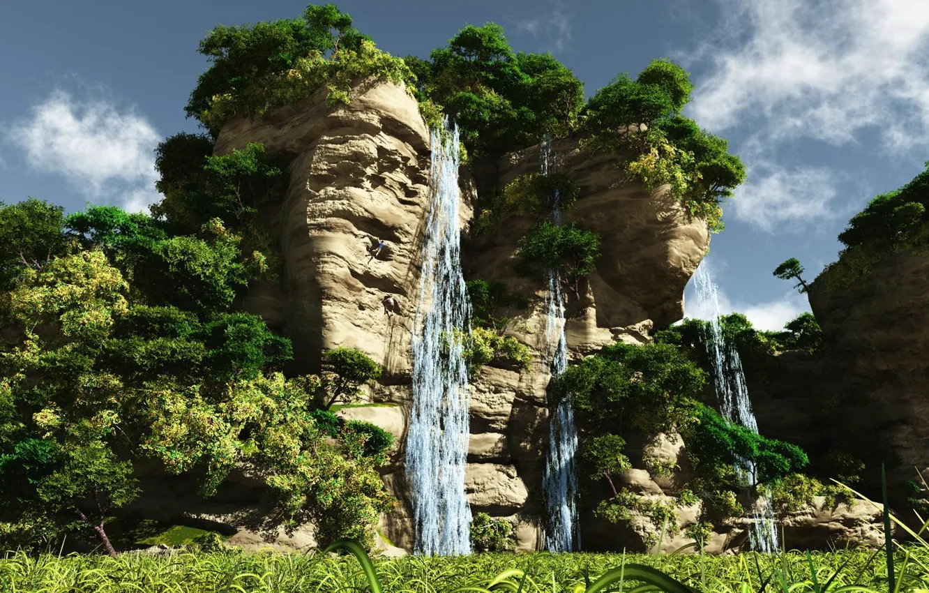 Photo wallpaper sky, clouds, man, waterfall, rock climbers