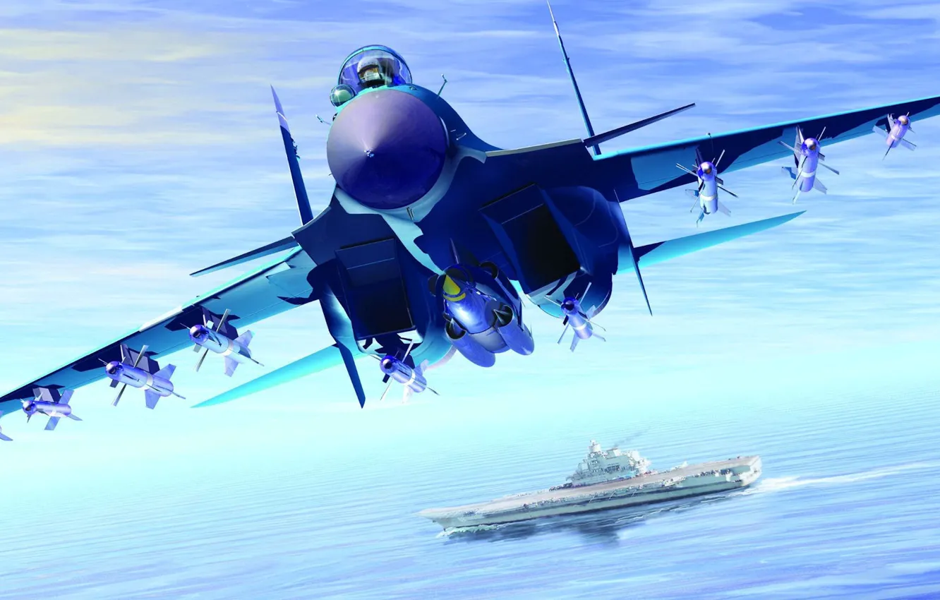 Photo wallpaper sea, graphics, rocket, art, the carrier, carrier-based fighter, Su-33, Navy