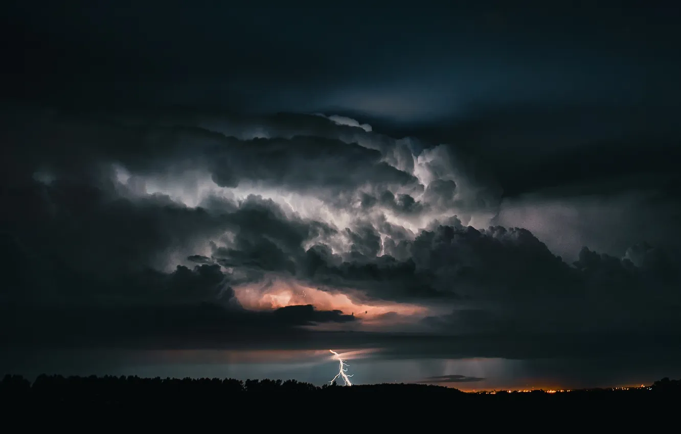 Photo wallpaper forest, the sky, landscape, night, clouds, nature, rain, lightning
