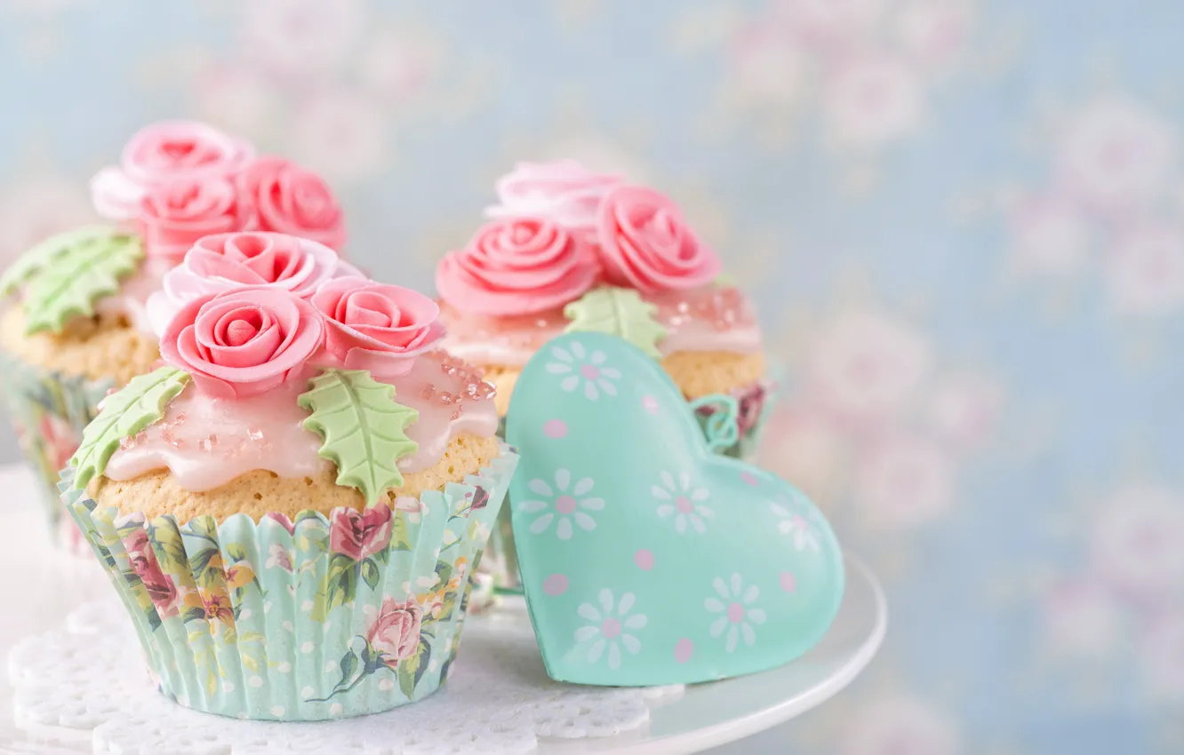 Photo wallpaper roses, decoration, heart, cream, cakes, valentine's day, cupcakes, Elena Schweitzer