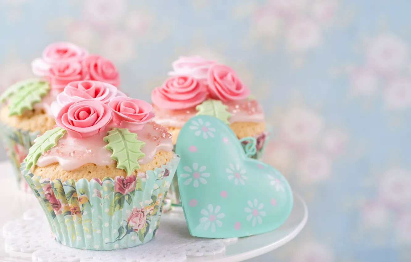 Photo wallpaper decoration, roses, hearts, cream, cakes, valentine's day, cupcakes, Elena Schweitzer