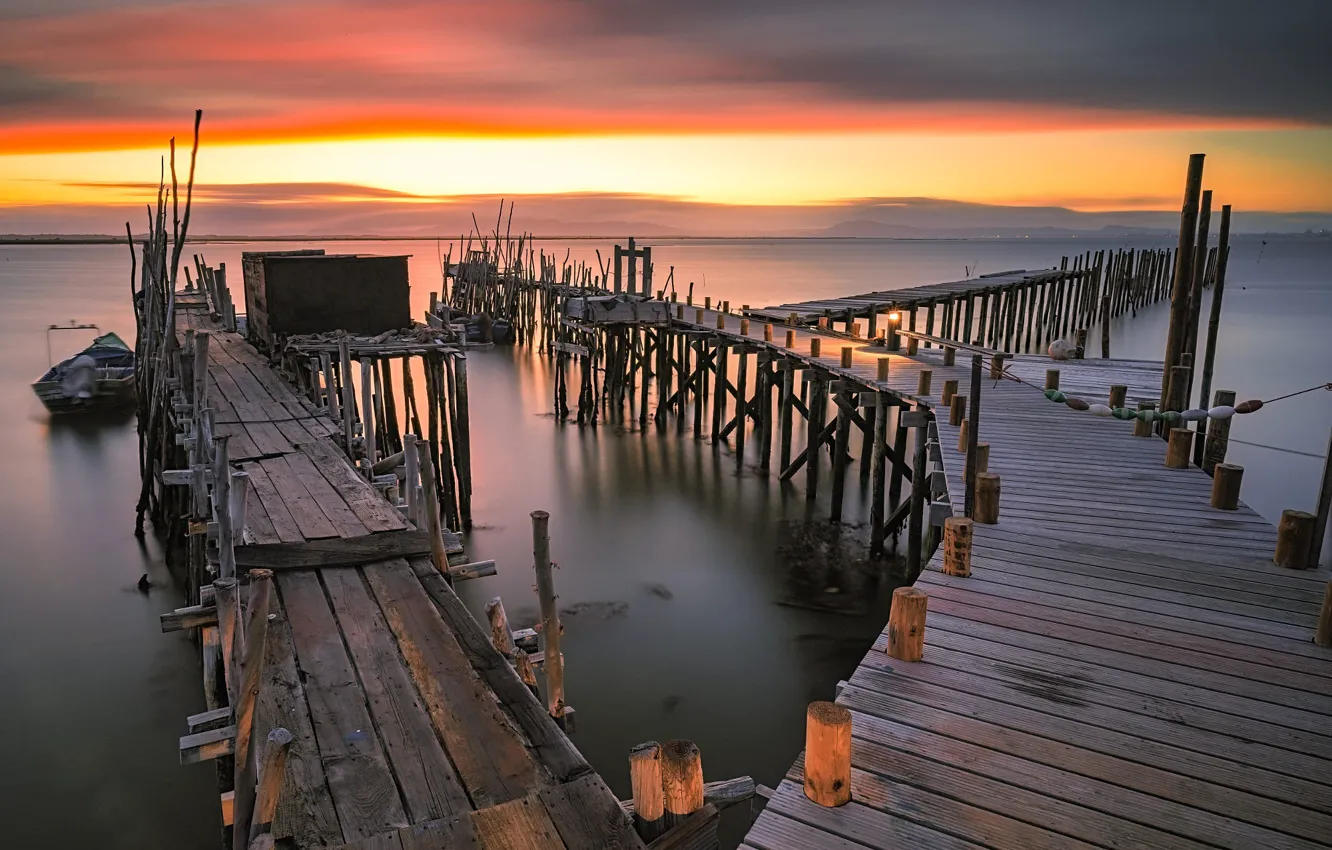 Photo wallpaper the sky, clouds, sunset, bridge, lake, posts, Board, the evening