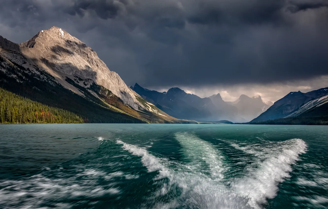 Photo wallpaper wave, mountains, clouds, lake, waves, mountains, clouds, lake