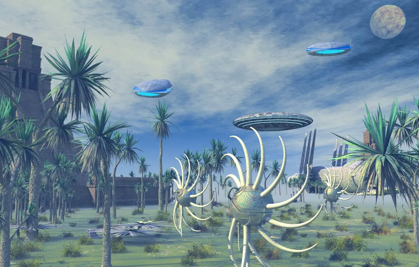 Photo wallpaper sky, clouds, planet, spaceships, ancient connections