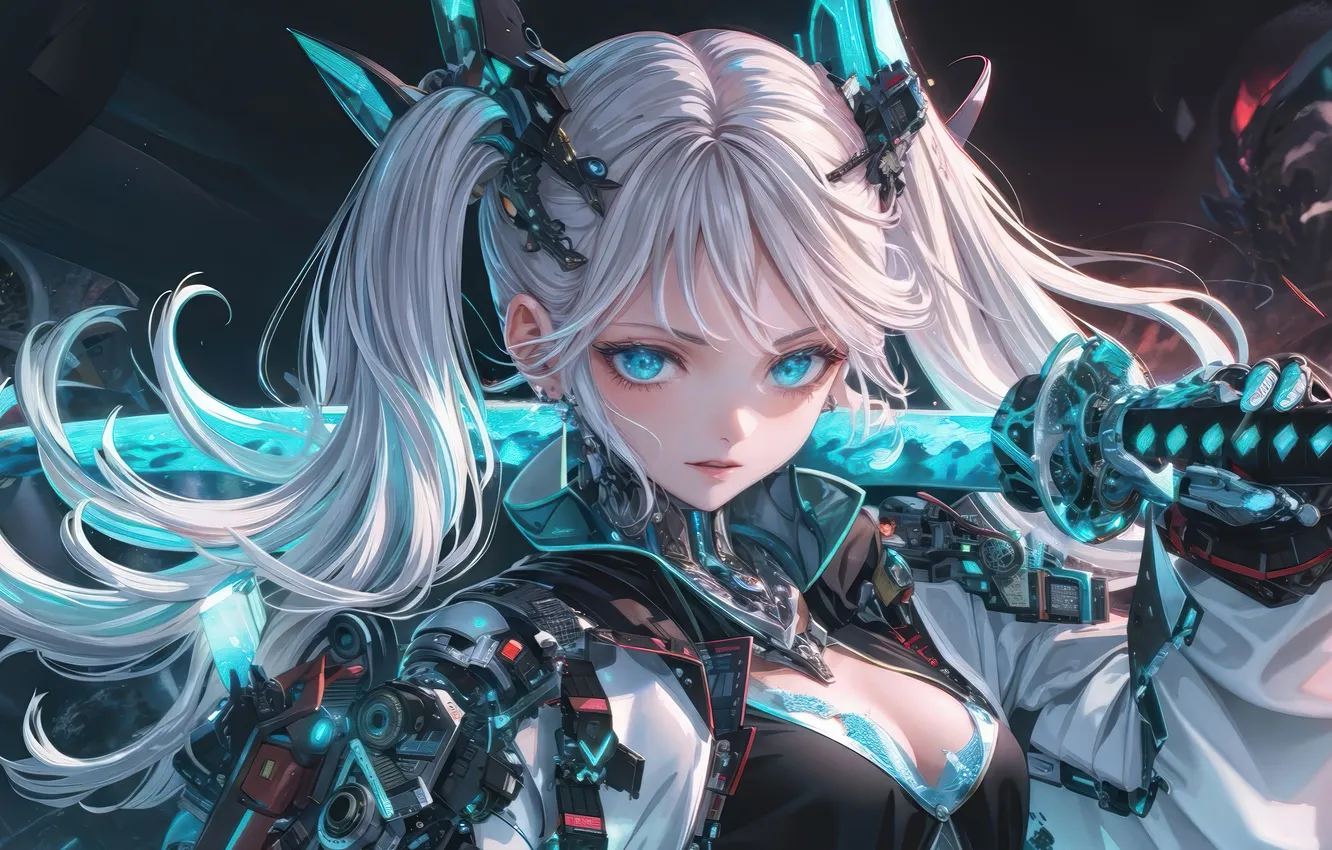 Photo wallpaper girl, anime, katana, sci-fi, anime girl, White Hair. Cyberpunk, Blye Eyes