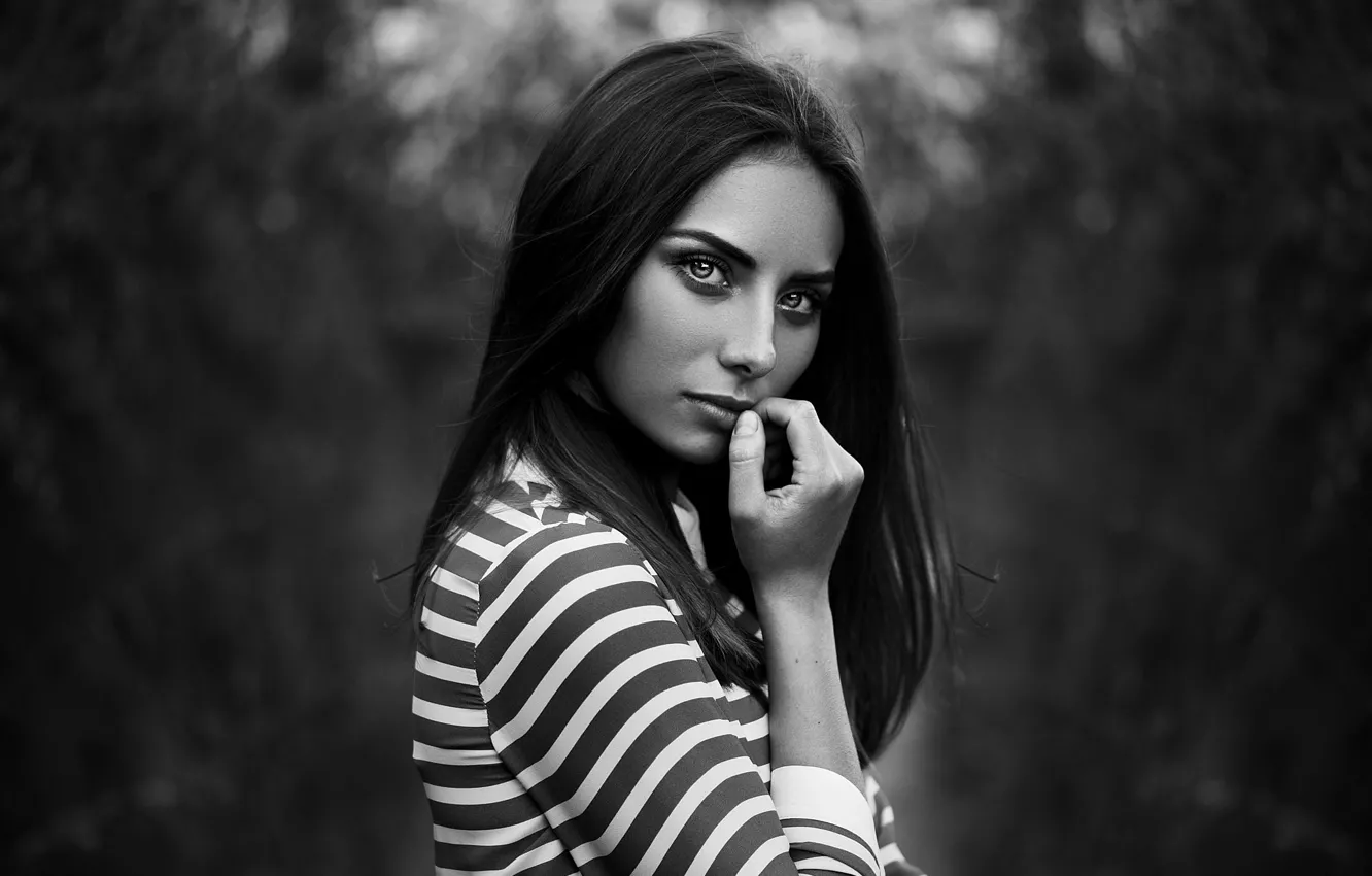 Photo wallpaper look, pose, background, model, portrait, makeup, hairstyle, black and white