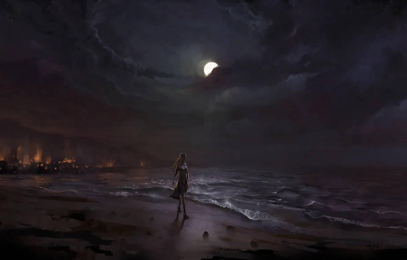 Photo wallpaper sand, sea, girl, night, the moon, shore, art, surf