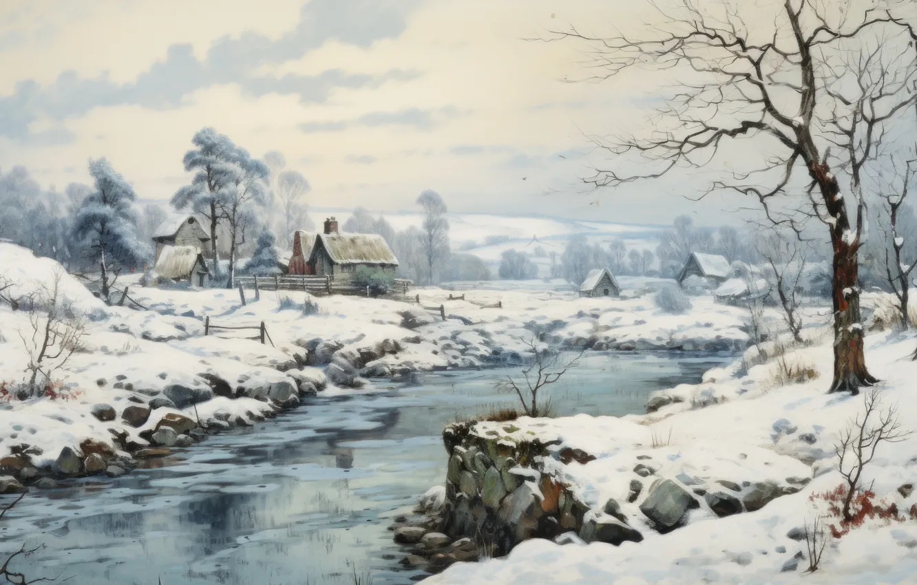 Photo wallpaper ice, art, winter, snow, farm