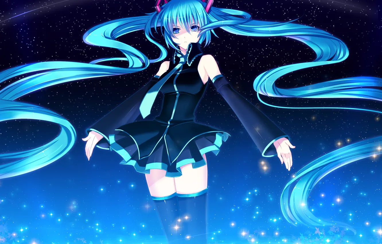 Photo wallpaper the sky, girl, stars, art, tie, vocaloid, hatsune miku, Vocaloid