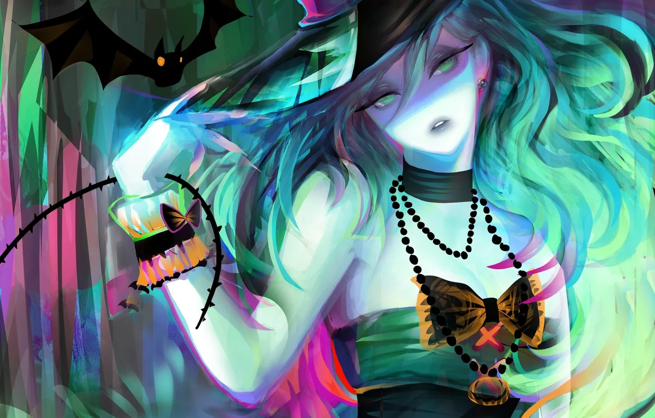 Photo wallpaper girl, holiday, hat, anime, art, beads, bat, witch