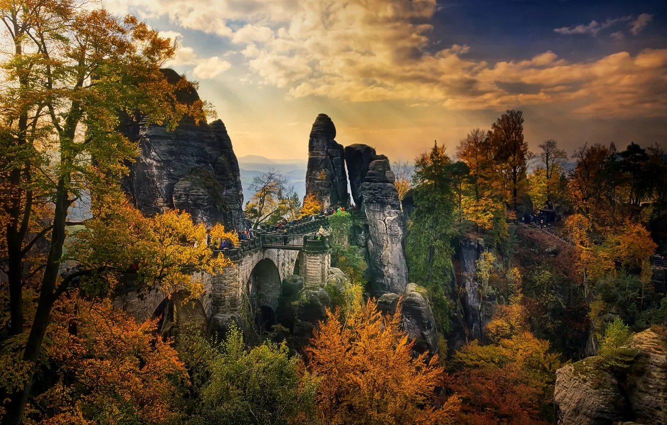 Photo wallpaper autumn, trees, people, rocks, Germany, Saxony, Bataiskiy bridge